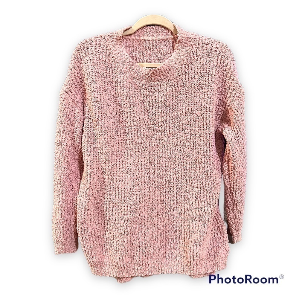 Pink Chunky Knit Sweater Crew Neck Oversized Medium